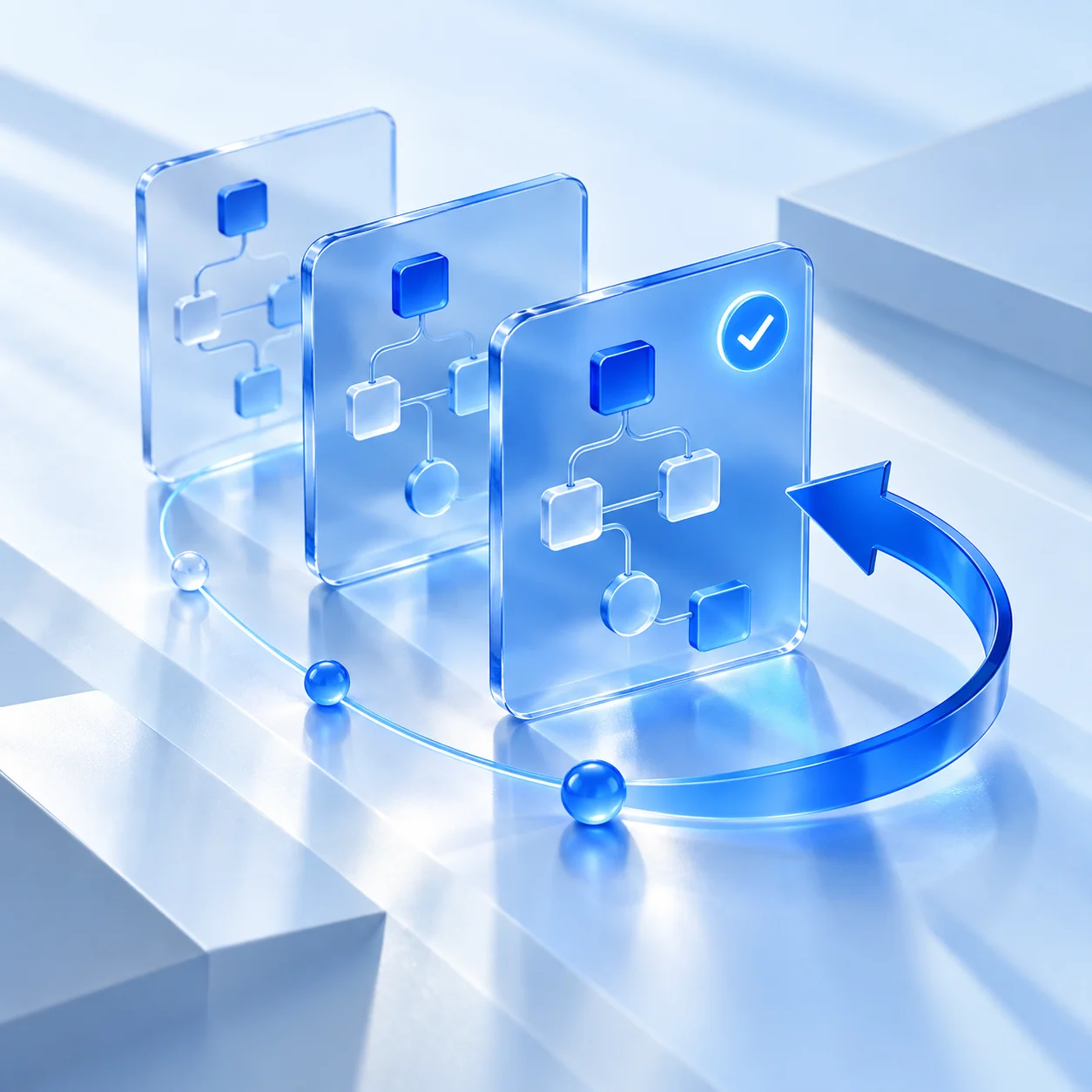 Blue glass workflow versions connected by checkpoints and a return arrow